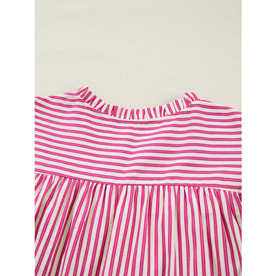 Stripe Shirred Yoke Ruffled Short Sleeve Blouse Apparel and Accessories