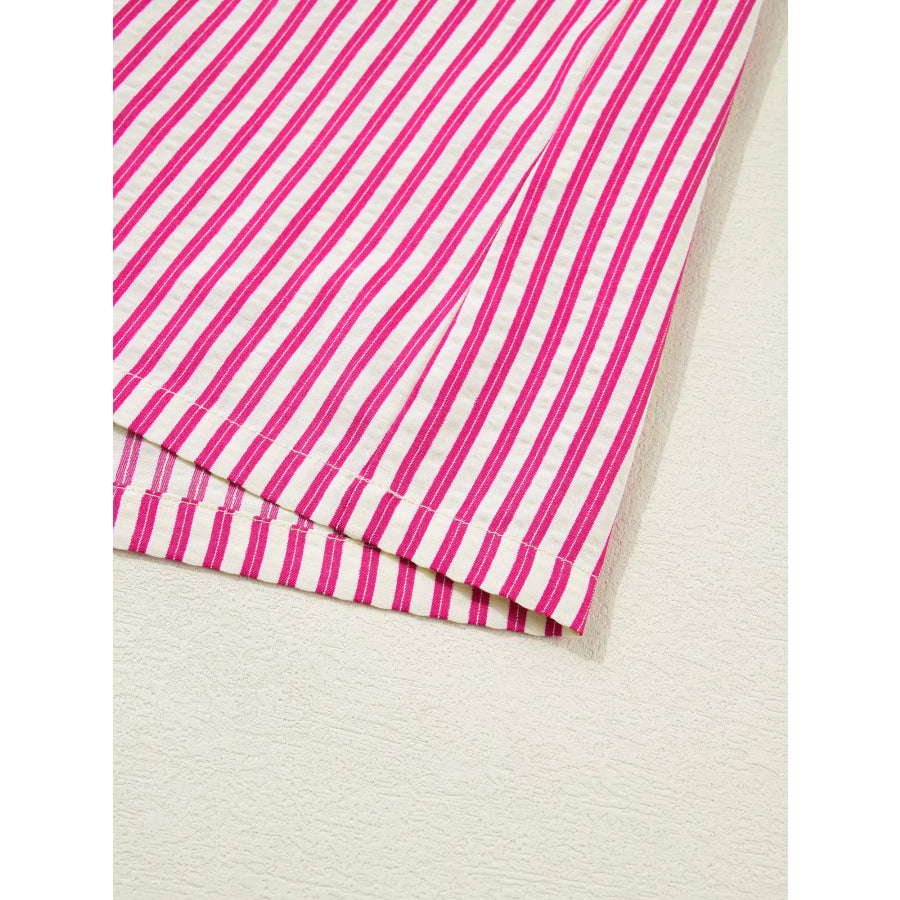Stripe Shirred Yoke Ruffled Short Sleeve Blouse Apparel and Accessories
