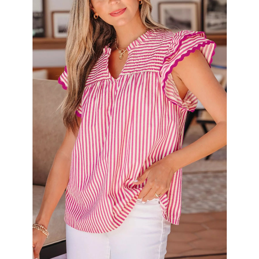 Stripe Shirred Yoke Ruffled Short Sleeve Blouse Apparel and Accessories