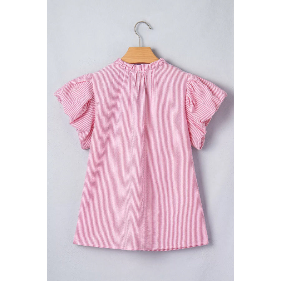 Stripe Short Bubble Sleeve Split V Neck Blouse Apparel and Accessories