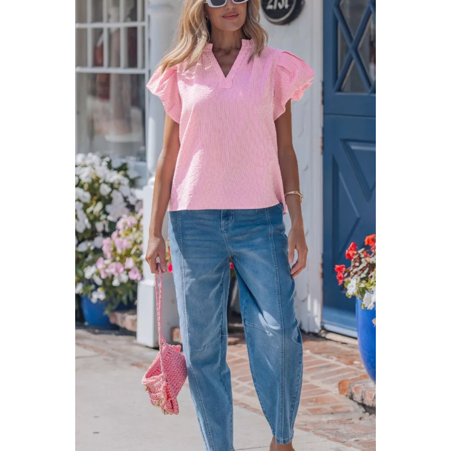 Stripe Short Bubble Sleeve Split V Neck Blouse Apparel and Accessories