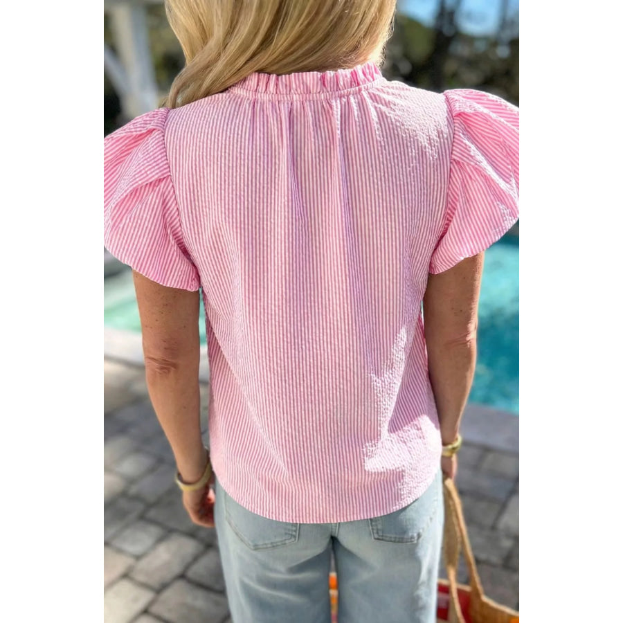 Stripe Short Bubble Sleeve Split V Neck Blouse Apparel and Accessories