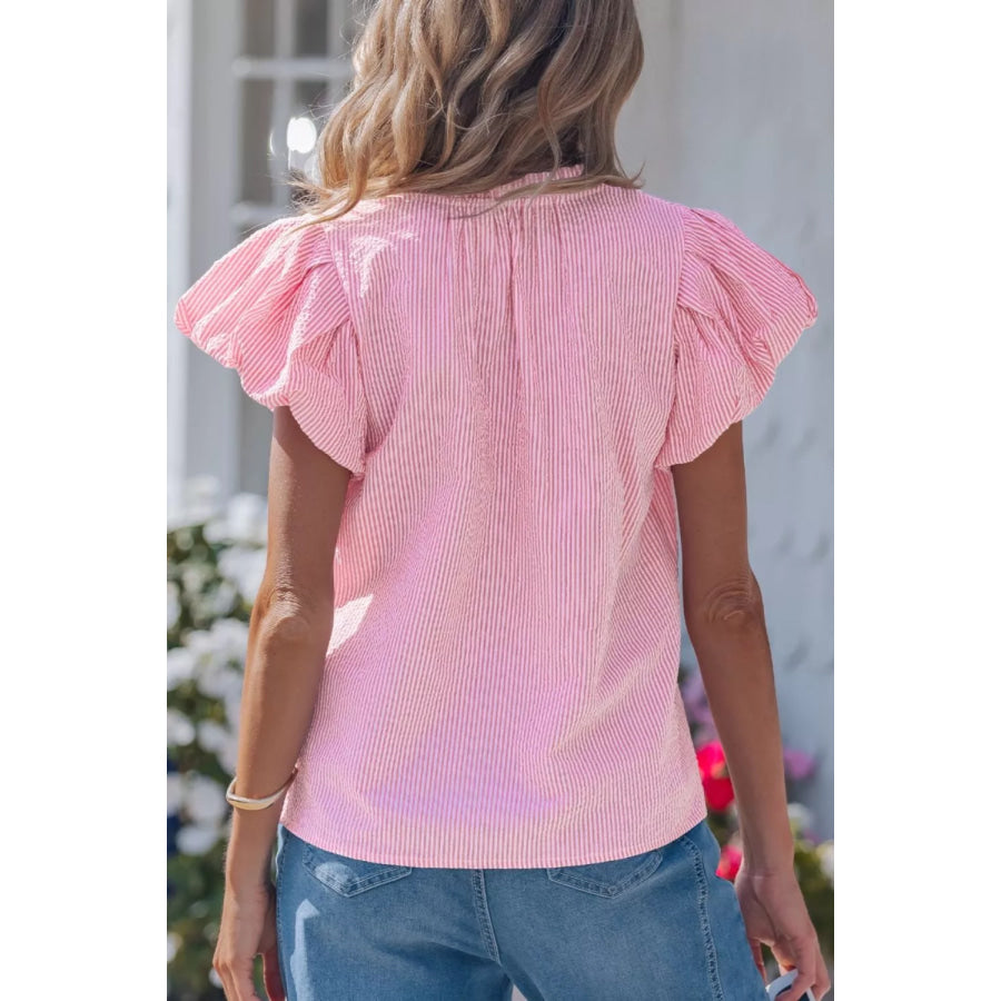 Stripe Short Bubble Sleeve Split V Neck Blouse Apparel and Accessories
