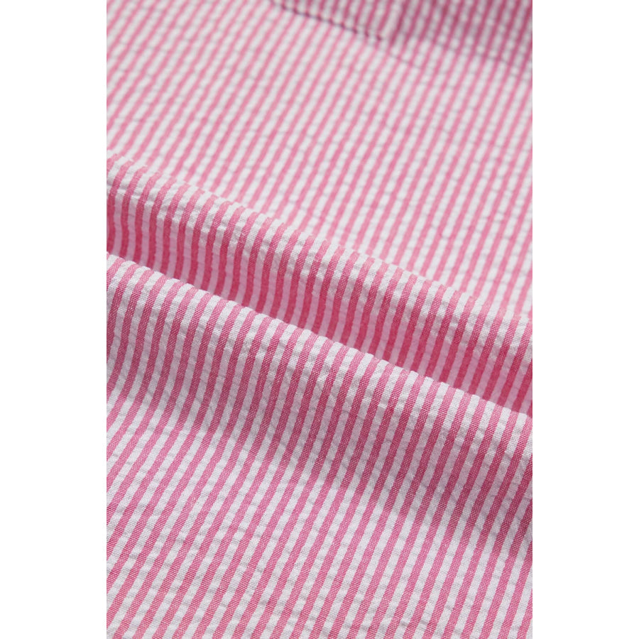 Stripe Short Bubble Sleeve Split V Neck Blouse Apparel and Accessories