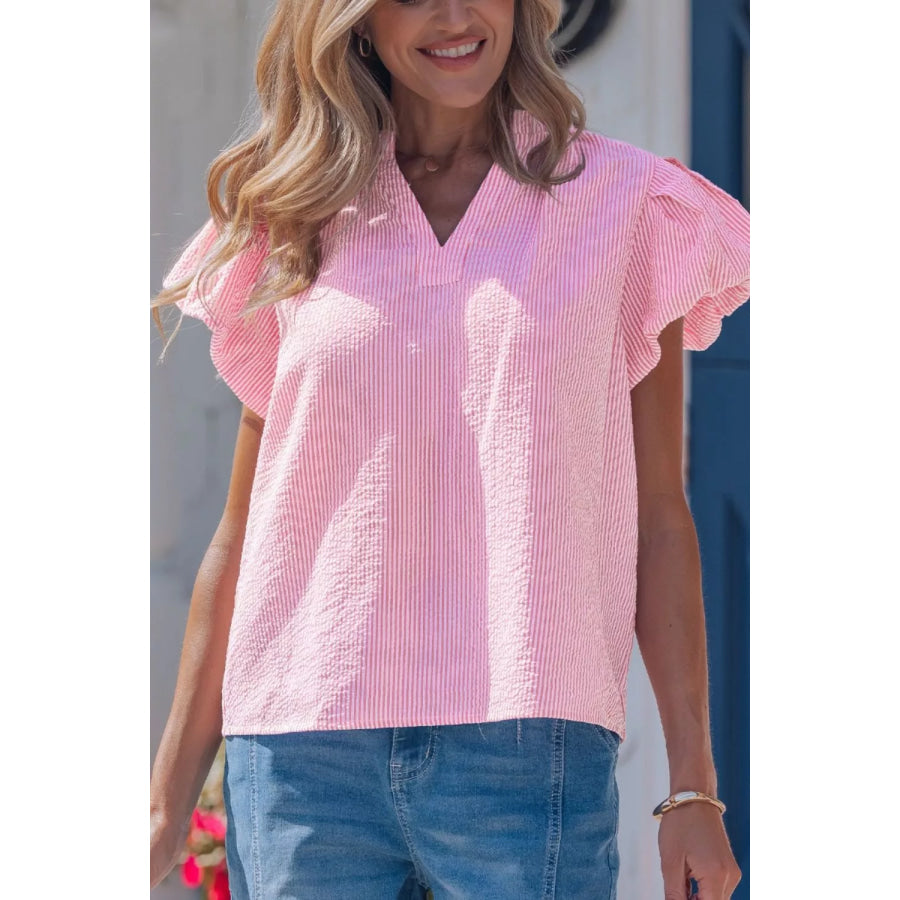 Stripe Short Bubble Sleeve Split V Neck Blouse Apparel and Accessories