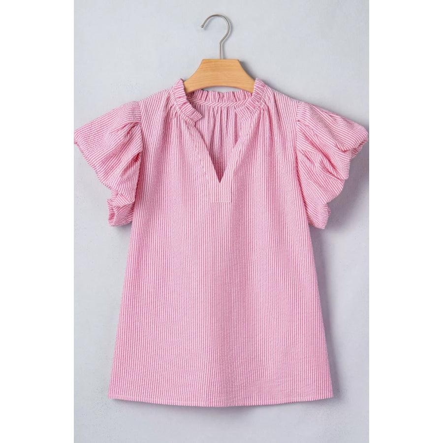 Stripe Short Bubble Sleeve Split V Neck Blouse Apparel and Accessories