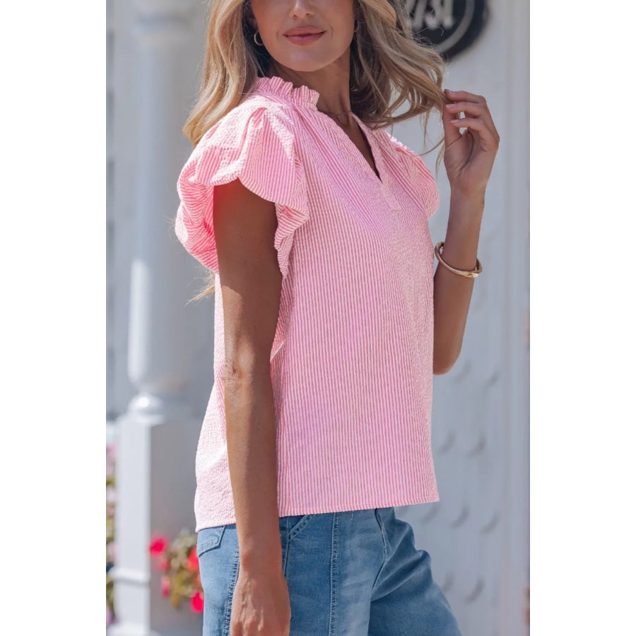 Stripe Short Bubble Sleeve Split V Neck Blouse Apparel and Accessories