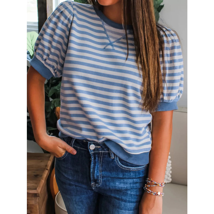 Stripe Short Bubble Sleeve T Shirt Apparel and Accessories