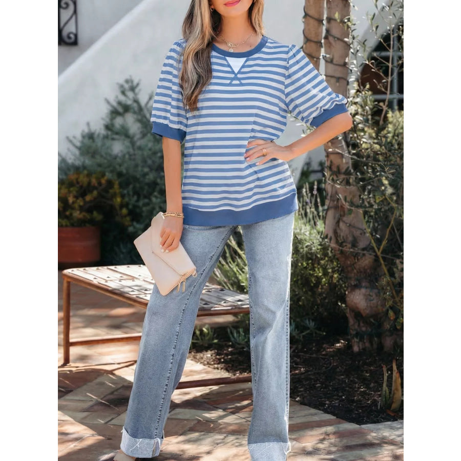 Stripe Short Bubble Sleeve T Shirt Apparel and Accessories