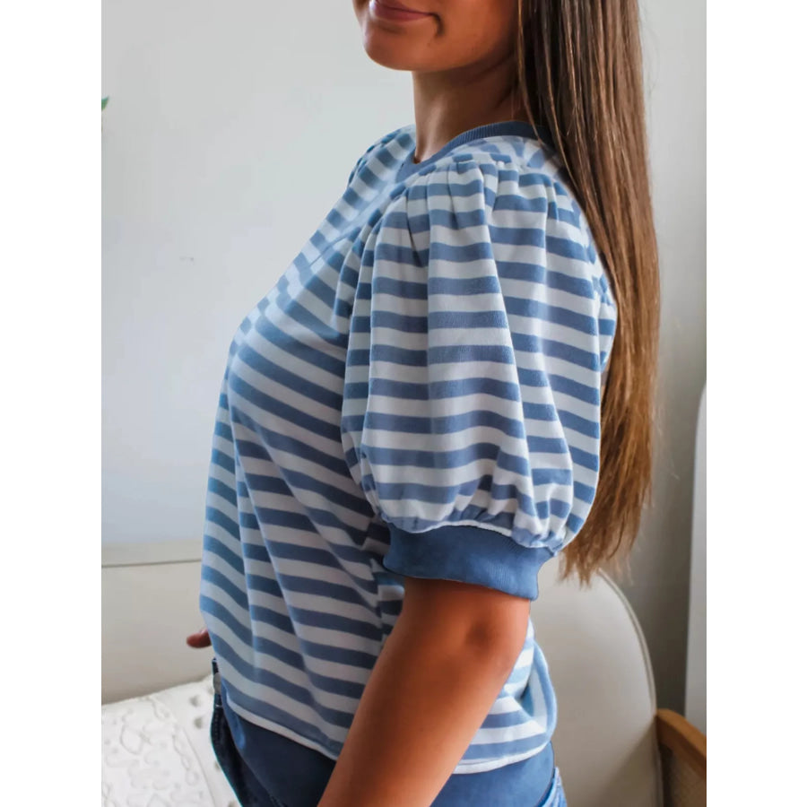 Stripe Short Bubble Sleeve T Shirt Apparel and Accessories