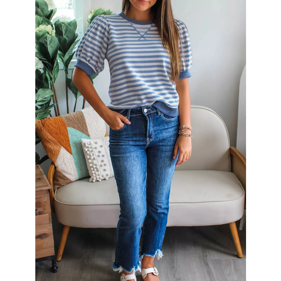 Stripe Short Bubble Sleeve T Shirt Apparel and Accessories