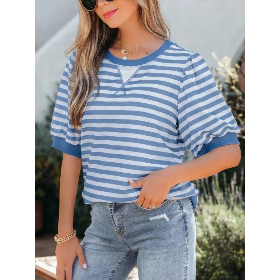 Stripe Short Bubble Sleeve T Shirt Apparel and Accessories