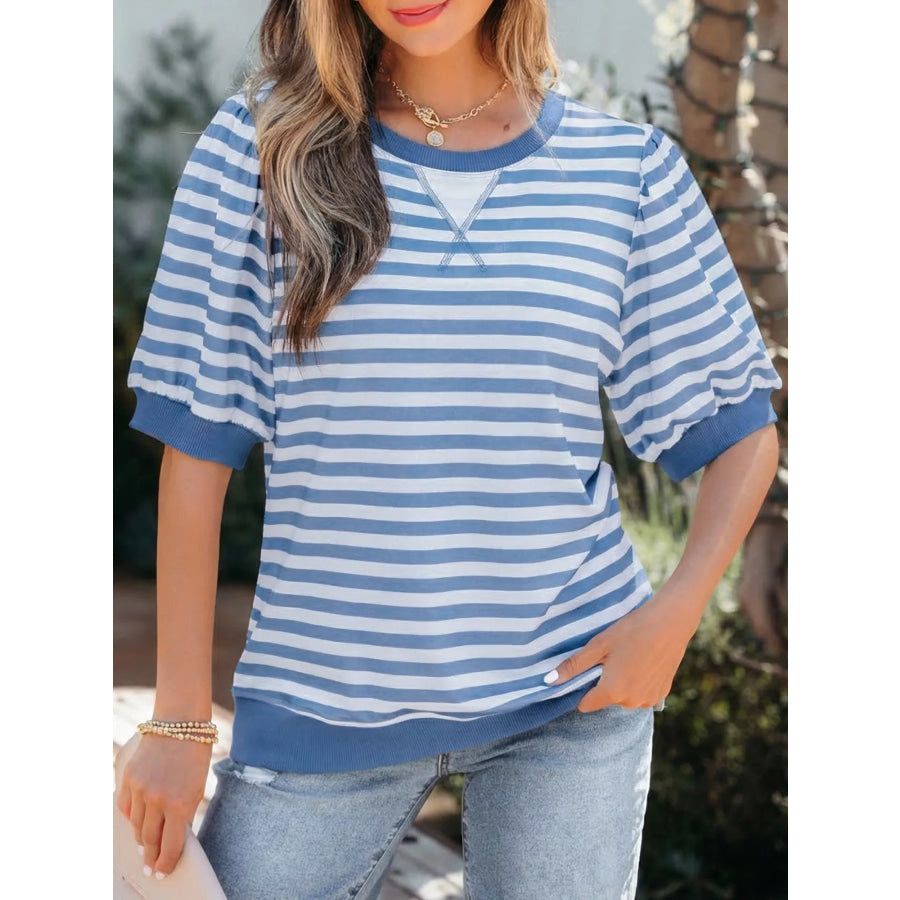 Stripe Short Bubble Sleeve T Shirt Light Blue / S Apparel and Accessories