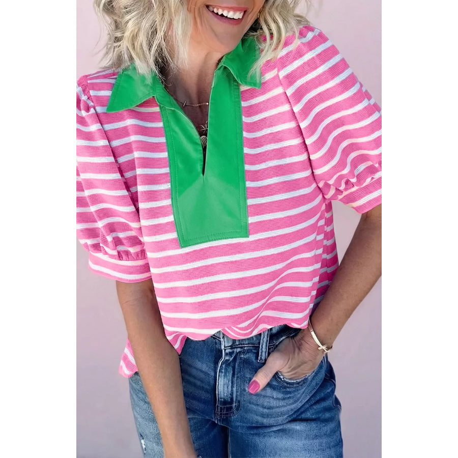 Stripe Short Puff Sleeve Color Block Polo Collar Blouse Pink / S Apparel and Accessories