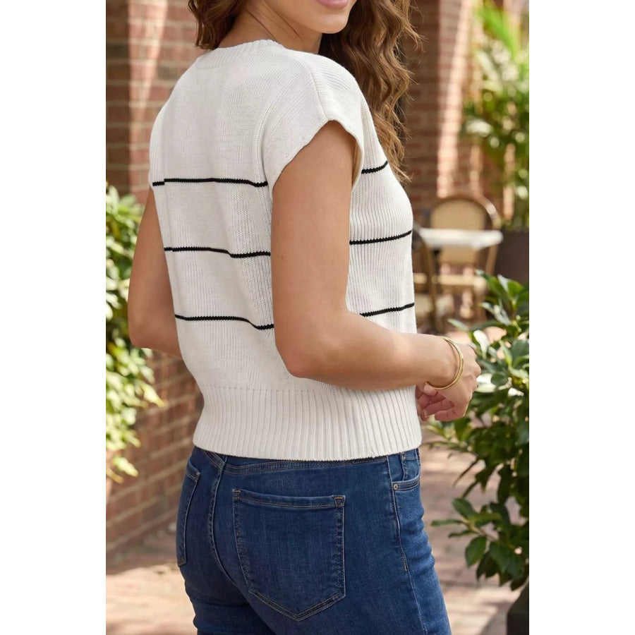 Stripe Short Sleeve Button Front Shift Cardigan Apparel and Accessories