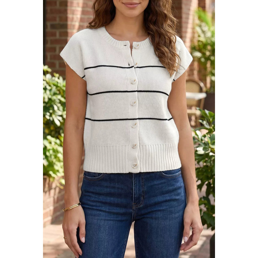Stripe Short Sleeve Button Front Shift Cardigan White / S Apparel and Accessories