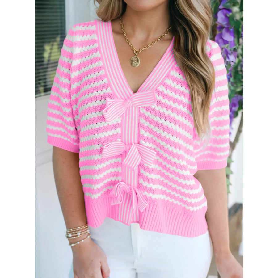 Stripe Short Sleeve Knit V Neck Bow Knot Cardigan Pink / S Apparel and Accessories