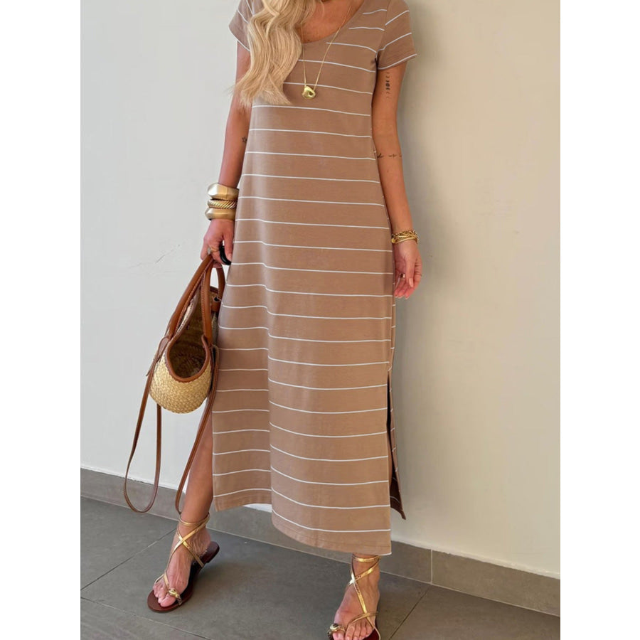 Stripe Short Sleeve Side Slit Maxi T Shirt Dress Apparel and Accessories