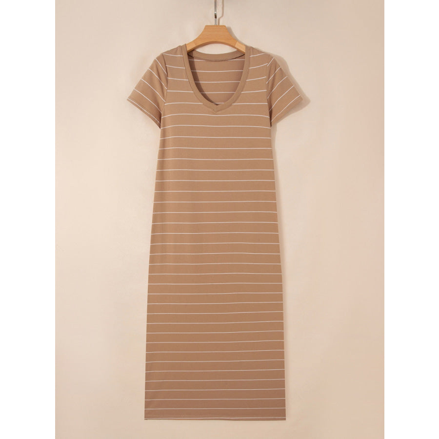 Stripe Short Sleeve Side Slit Maxi T Shirt Dress Apparel and Accessories