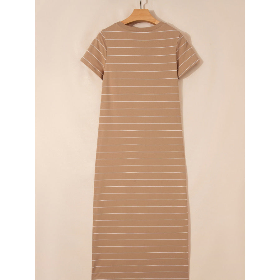 Stripe Short Sleeve Side Slit Maxi T Shirt Dress Apparel and Accessories