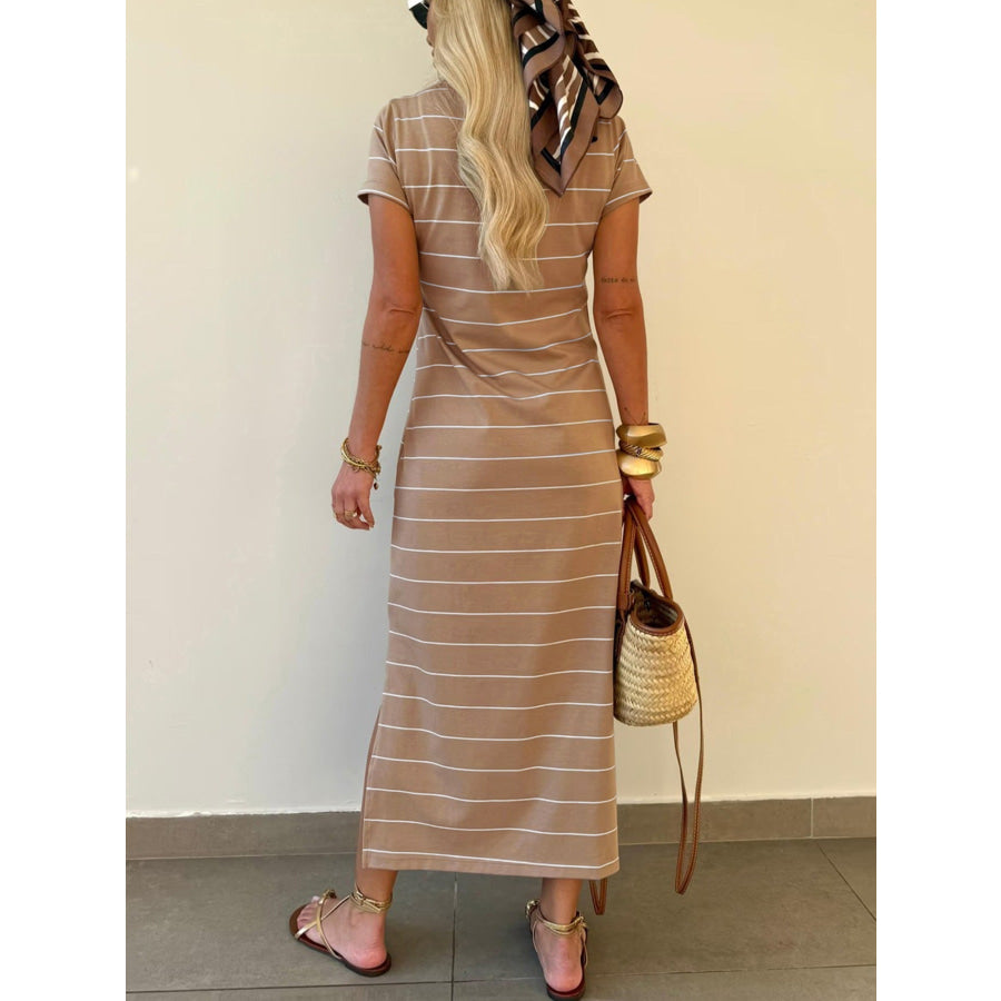 Stripe Short Sleeve Side Slit Maxi T Shirt Dress Apparel and Accessories