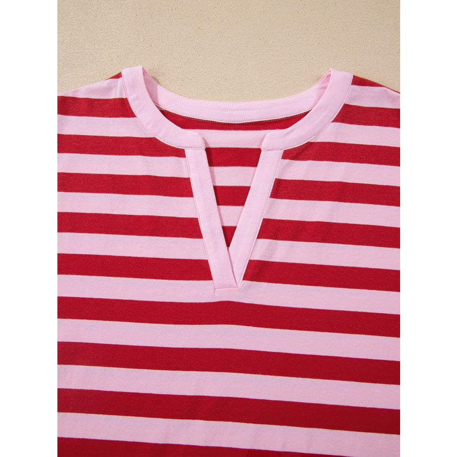 Stripe Split V Neck Casual T Shirt Apparel and Accessories