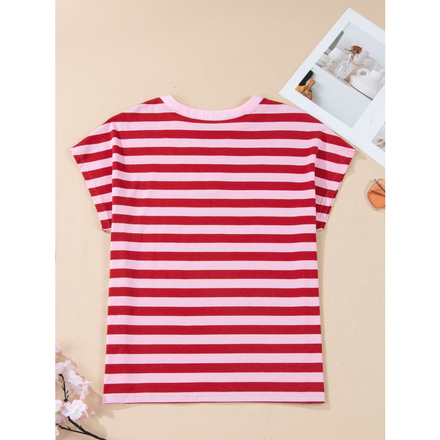 Stripe Split V Neck Casual T Shirt Apparel and Accessories