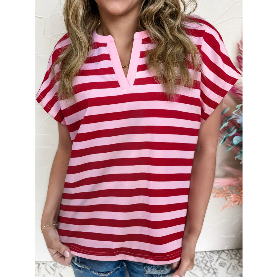 Stripe Split V Neck Casual T Shirt Dusty Pink / S Apparel and Accessories