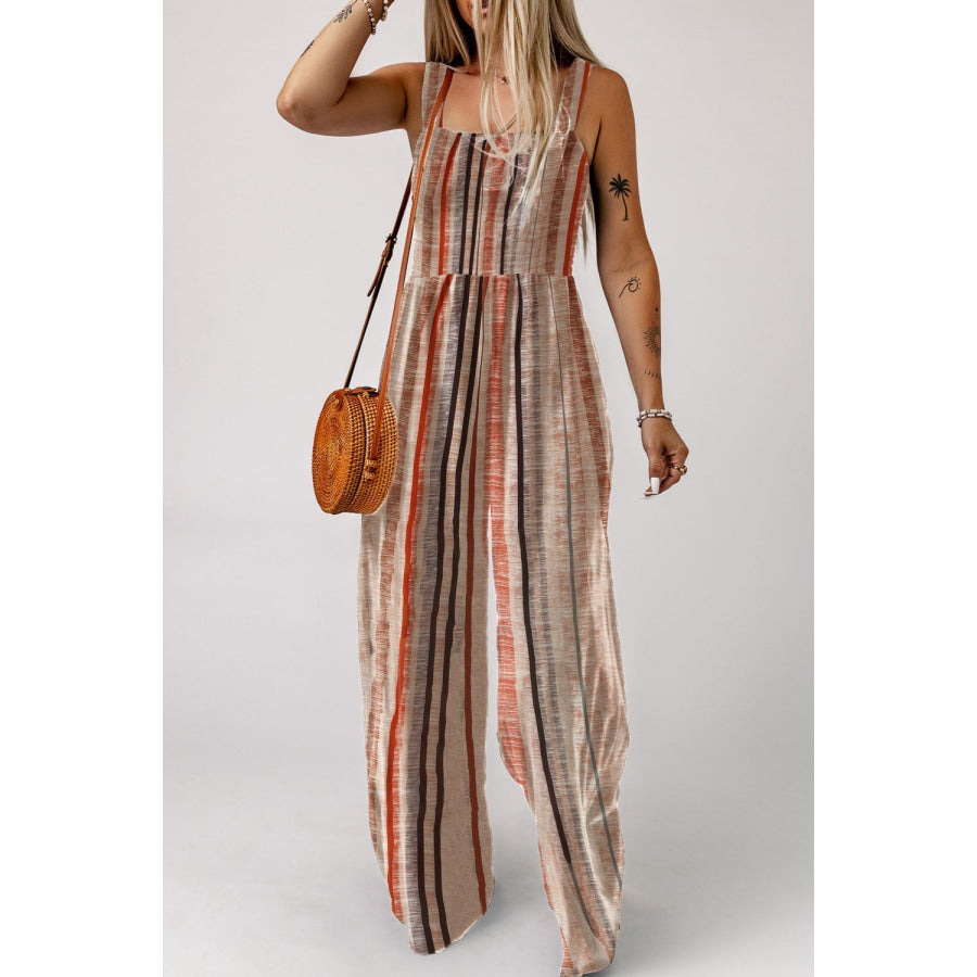 Stripe Square Neck Sleeveless Smocked Bodice Wide Leg Jumpsuit Apparel and Accessories
