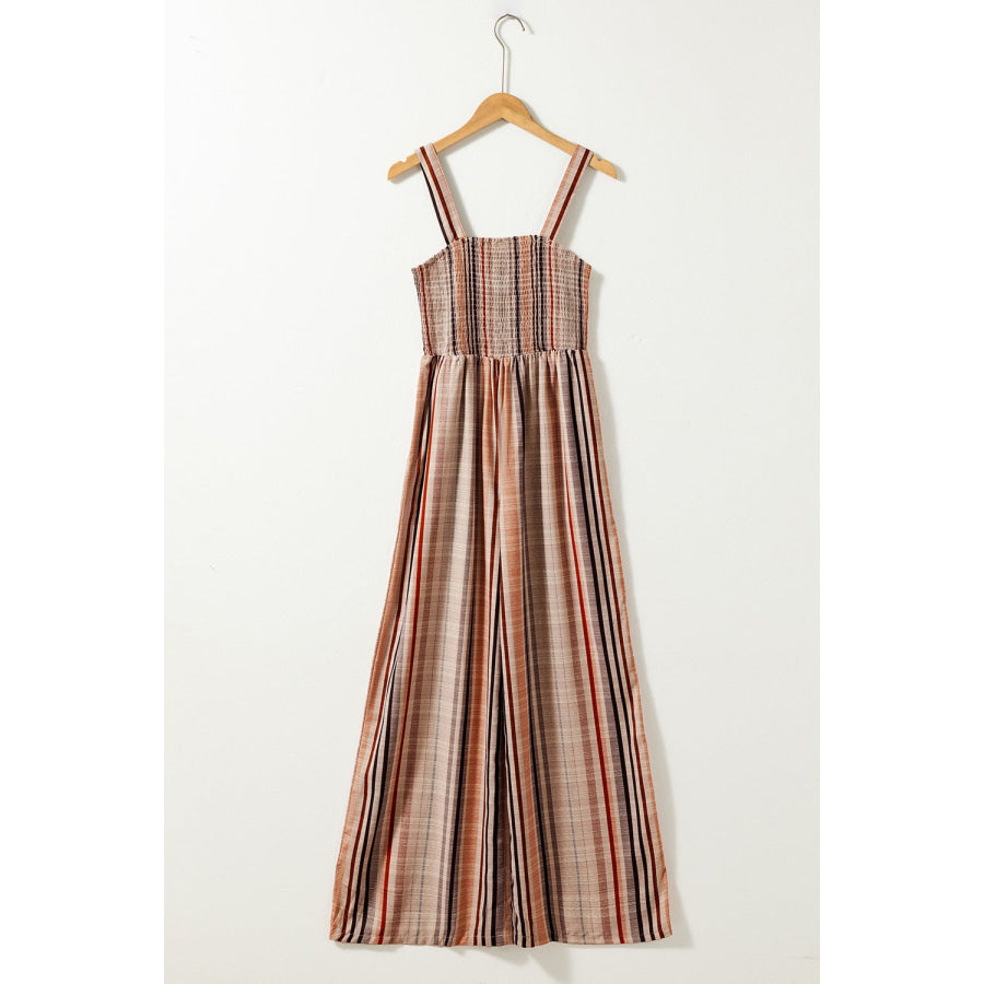 Stripe Square Neck Sleeveless Smocked Bodice Wide Leg Jumpsuit Apparel and Accessories