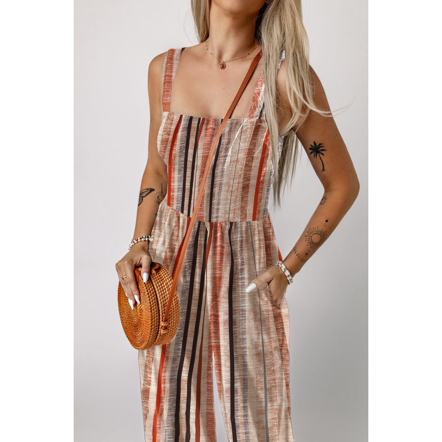 Stripe Square Neck Sleeveless Smocked Bodice Wide Leg Jumpsuit Apparel and Accessories