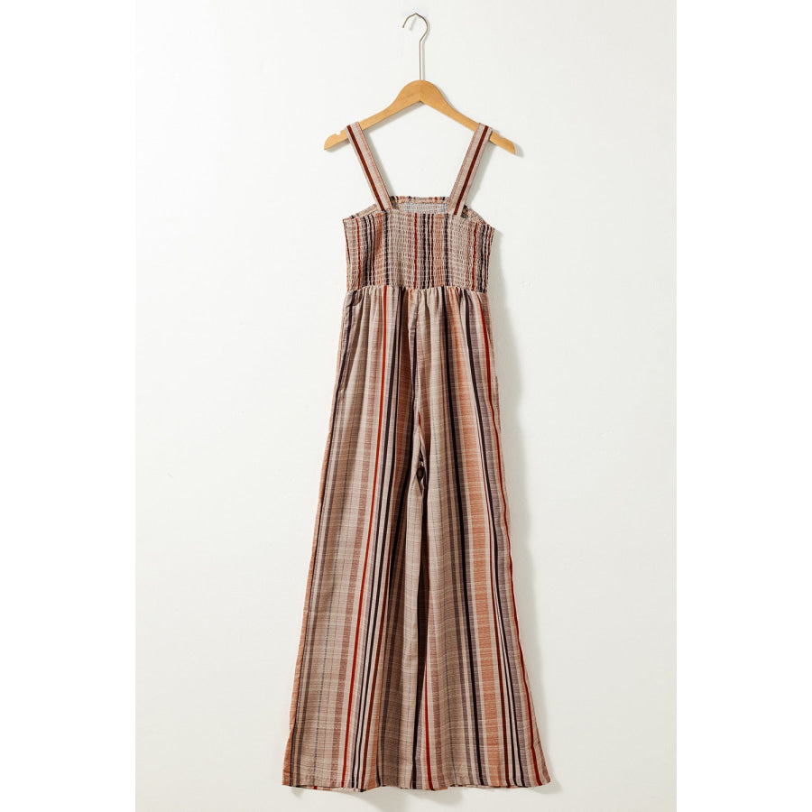Stripe Square Neck Sleeveless Smocked Bodice Wide Leg Jumpsuit Apparel and Accessories