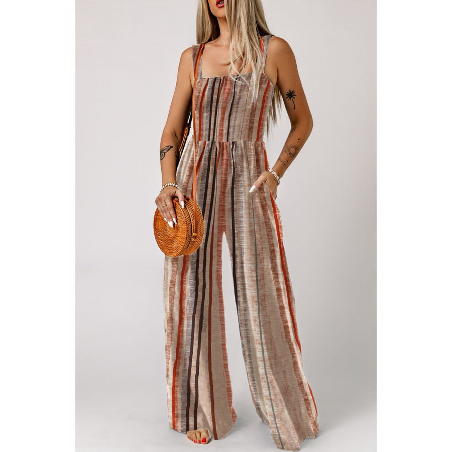 Stripe Square Neck Sleeveless Smocked Bodice Wide Leg Jumpsuit Apparel and Accessories