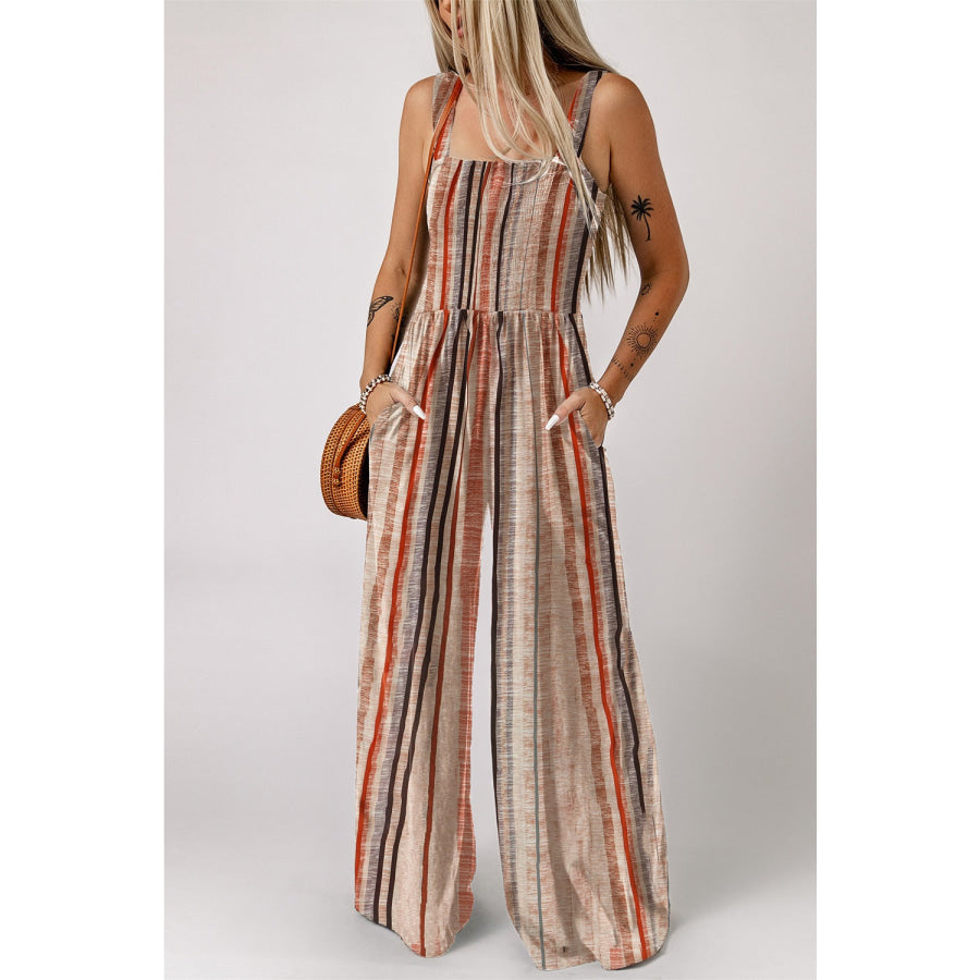 Stripe Square Neck Sleeveless Smocked Bodice Wide Leg Jumpsuit Mocha / S Apparel and Accessories