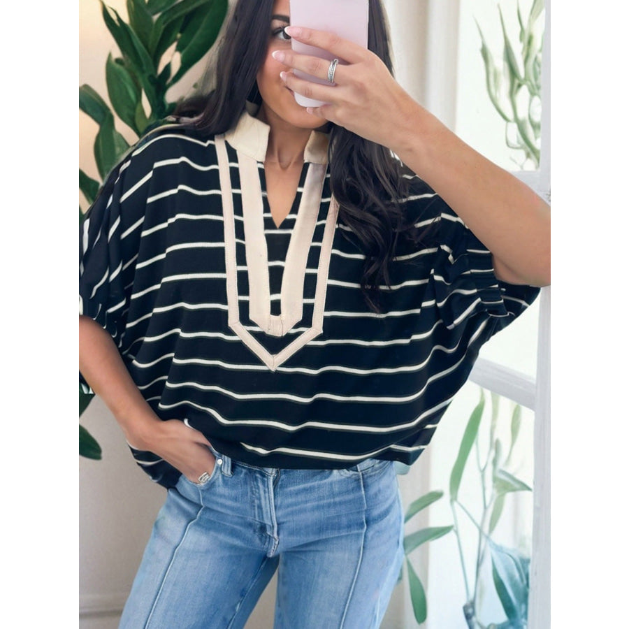Stripe Stand Collar V Neck Elastic Cuffs Half Sleeve Dolman Top Apparel and Accessories