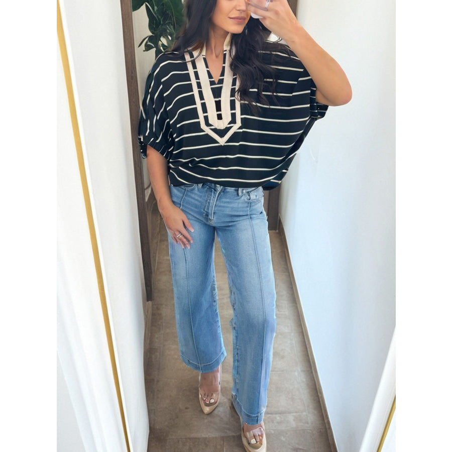 Stripe Stand Collar V Neck Elastic Cuffs Half Sleeve Dolman Top Apparel and Accessories