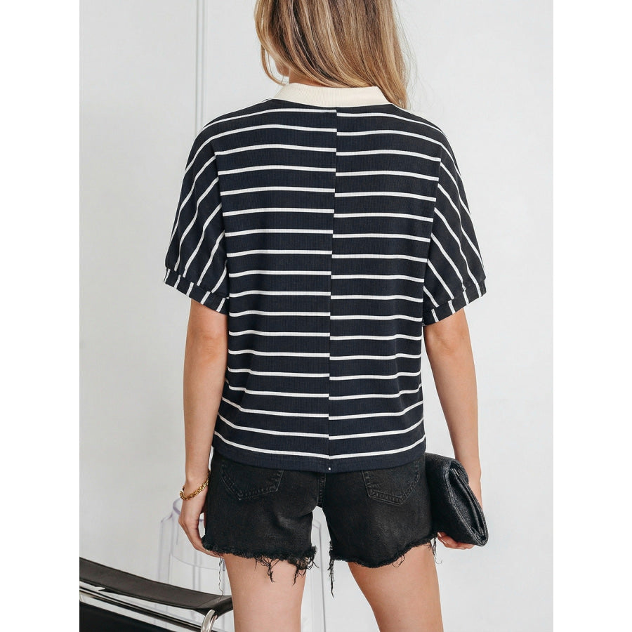 Stripe Stand Collar V Neck Elastic Cuffs Half Sleeve Dolman Top Apparel and Accessories