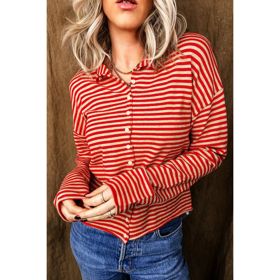 Stripe Striped Button Collar Long Sleeve Knit Cardigan Apparel and Accessories