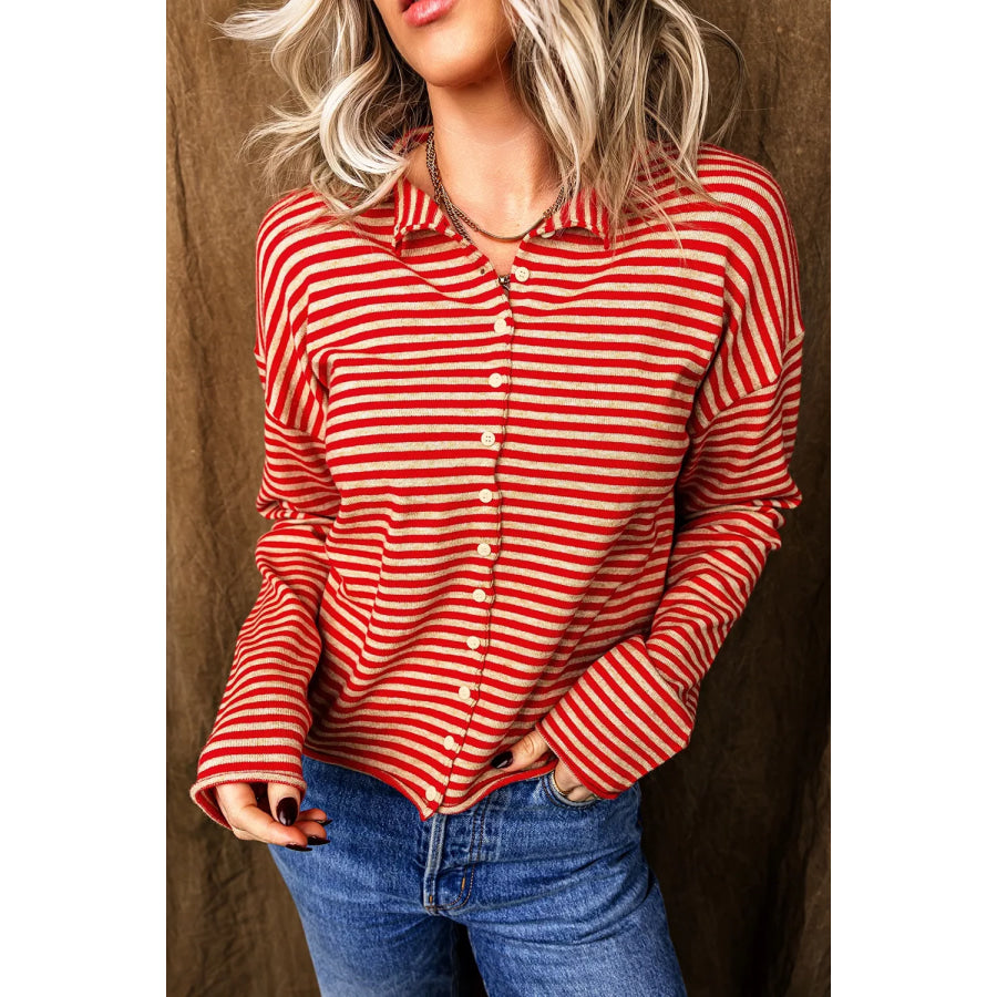 Stripe Striped Button Collar Long Sleeve Knit Cardigan Scarlet / S Apparel and Accessories