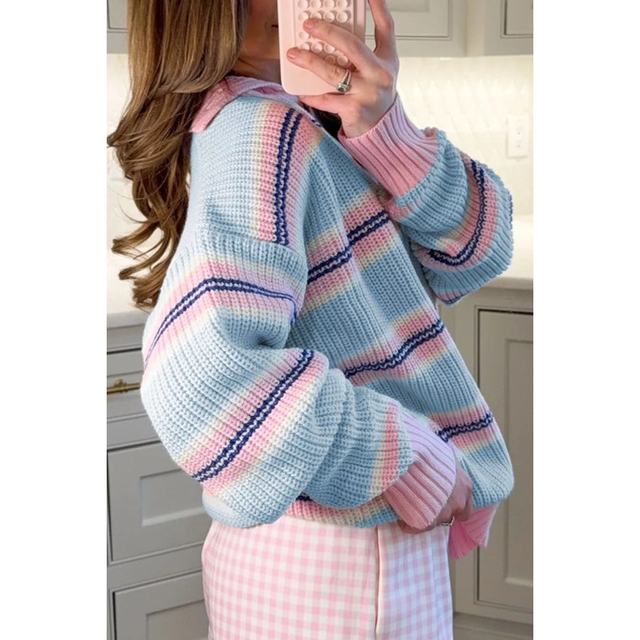 Stripe Striped Button Collar Long Sleeve Shift Fit Winter Knitwear Sweater Apparel and Accessories