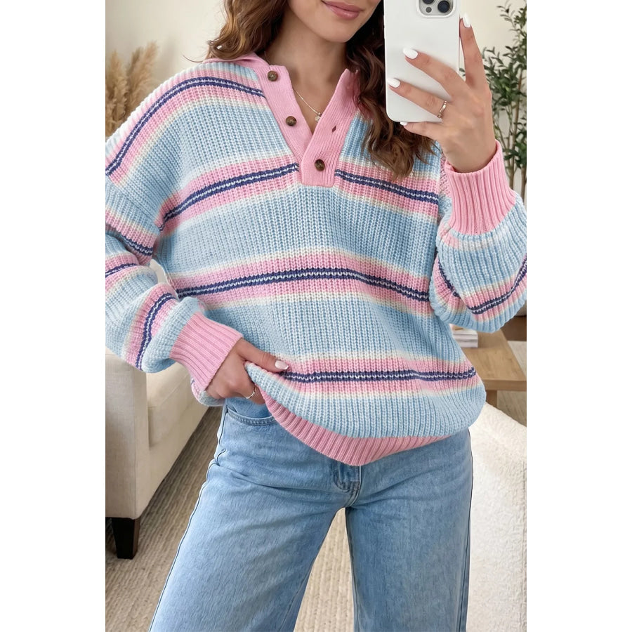 Stripe Striped Button Collar Long Sleeve Shift Fit Winter Knitwear Sweater Apparel and Accessories
