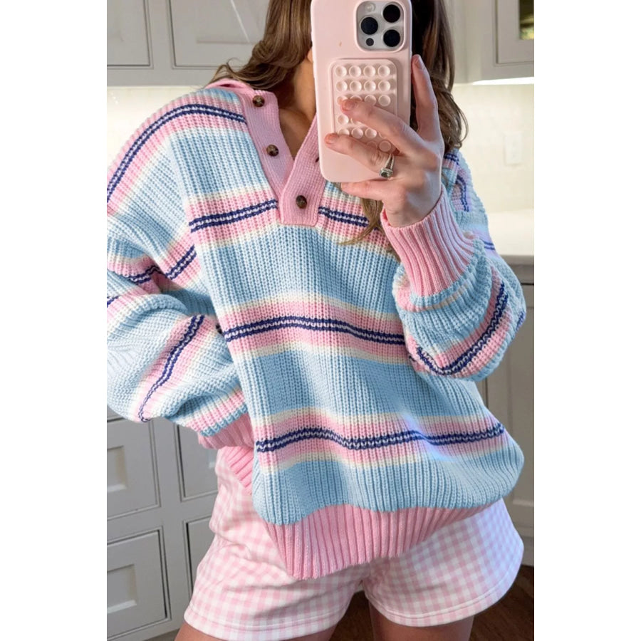 Stripe Striped Button Collar Long Sleeve Shift Fit Winter Knitwear Sweater Light Blue / S Apparel and Accessories