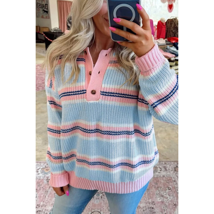 Stripe Striped Button Collar Long Sleeve Shift Fit Winter Knitwear Sweater Apparel and Accessories