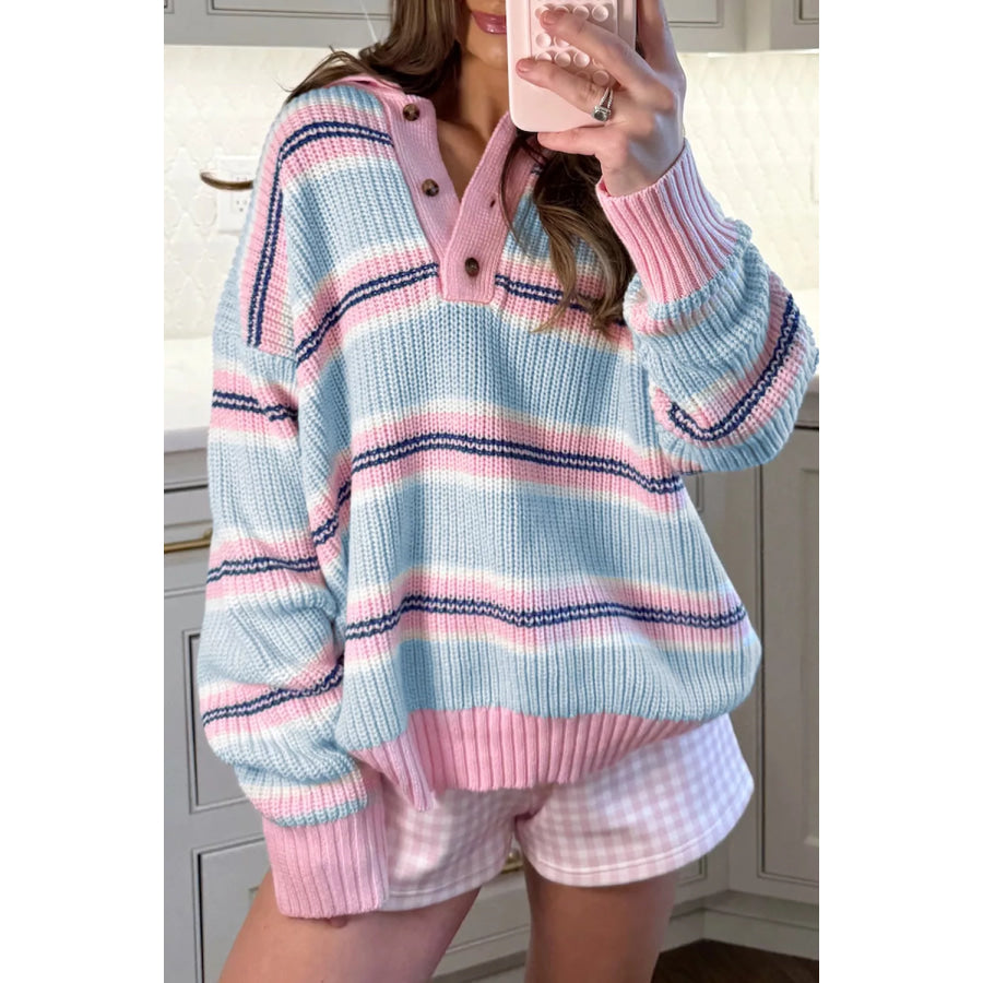Stripe Striped Button Collar Long Sleeve Shift Fit Winter Knitwear Sweater Light Blue / S Apparel and Accessories