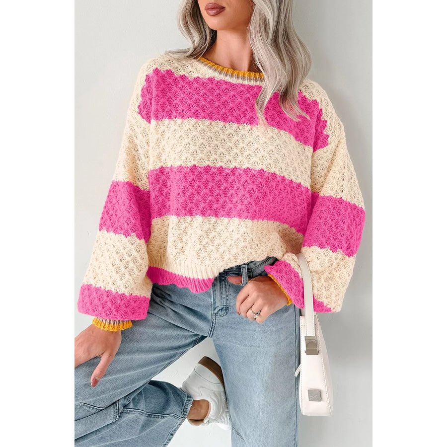 Stripe Striped Colorblock Texture Drop Shoulder Sweater Hot Pink / S Apparel and Accessories