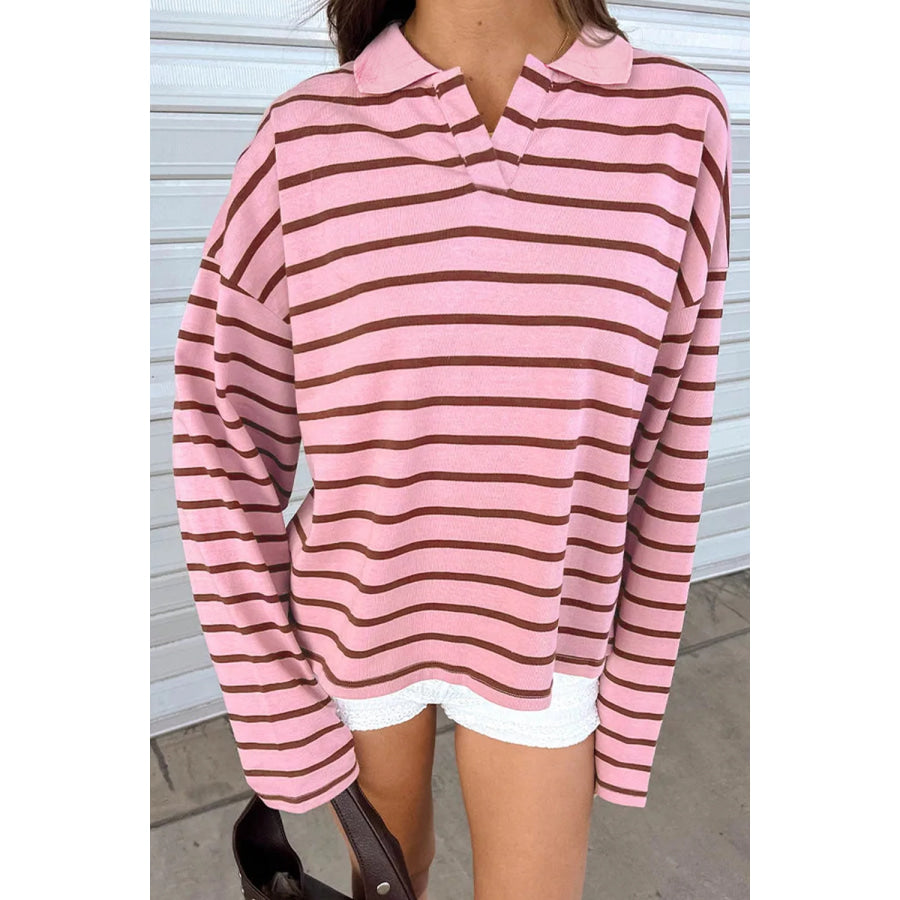 Stripe Striped Long Sleeve Collar Shift Top Apparel and Accessories