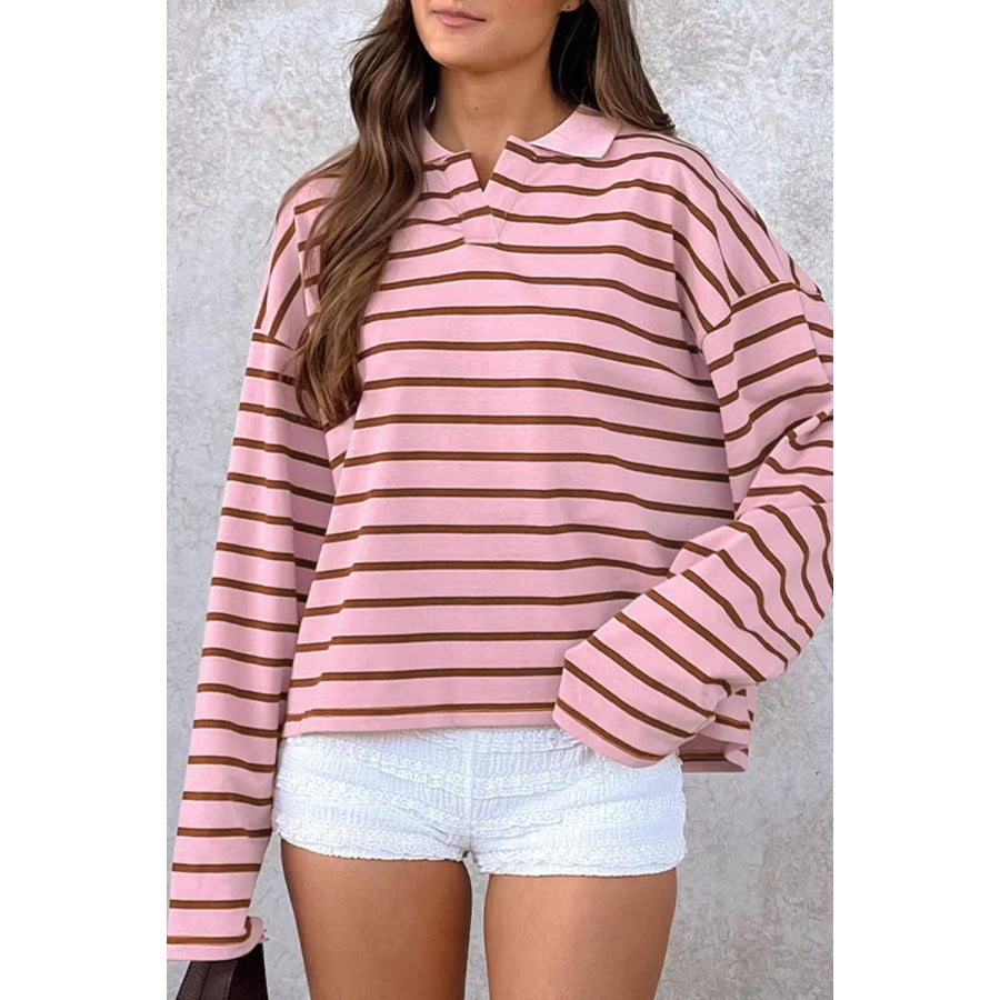 Stripe Striped Long Sleeve Collar Shift Top Dusty Pink / S Apparel and Accessories