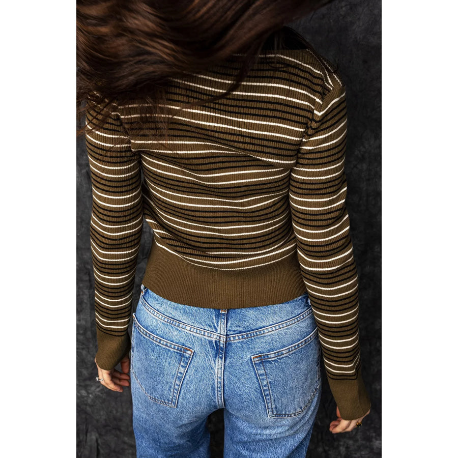 Stripe Striped Ribbed Knit Button Collar Sweater Apparel and Accessories