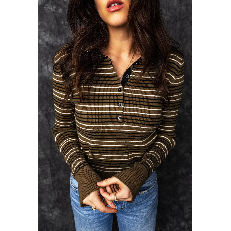 Stripe Striped Ribbed Knit Button Collar Sweater Apparel and Accessories