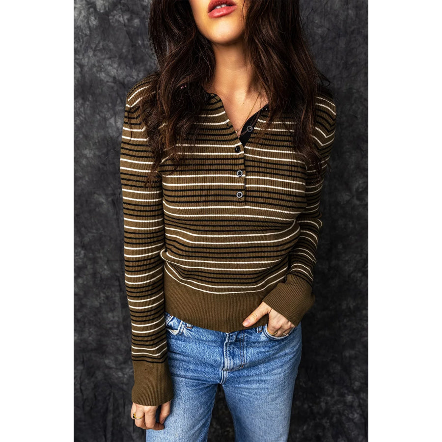 Stripe Striped Ribbed Knit Button Collar Sweater / S Apparel and Accessories